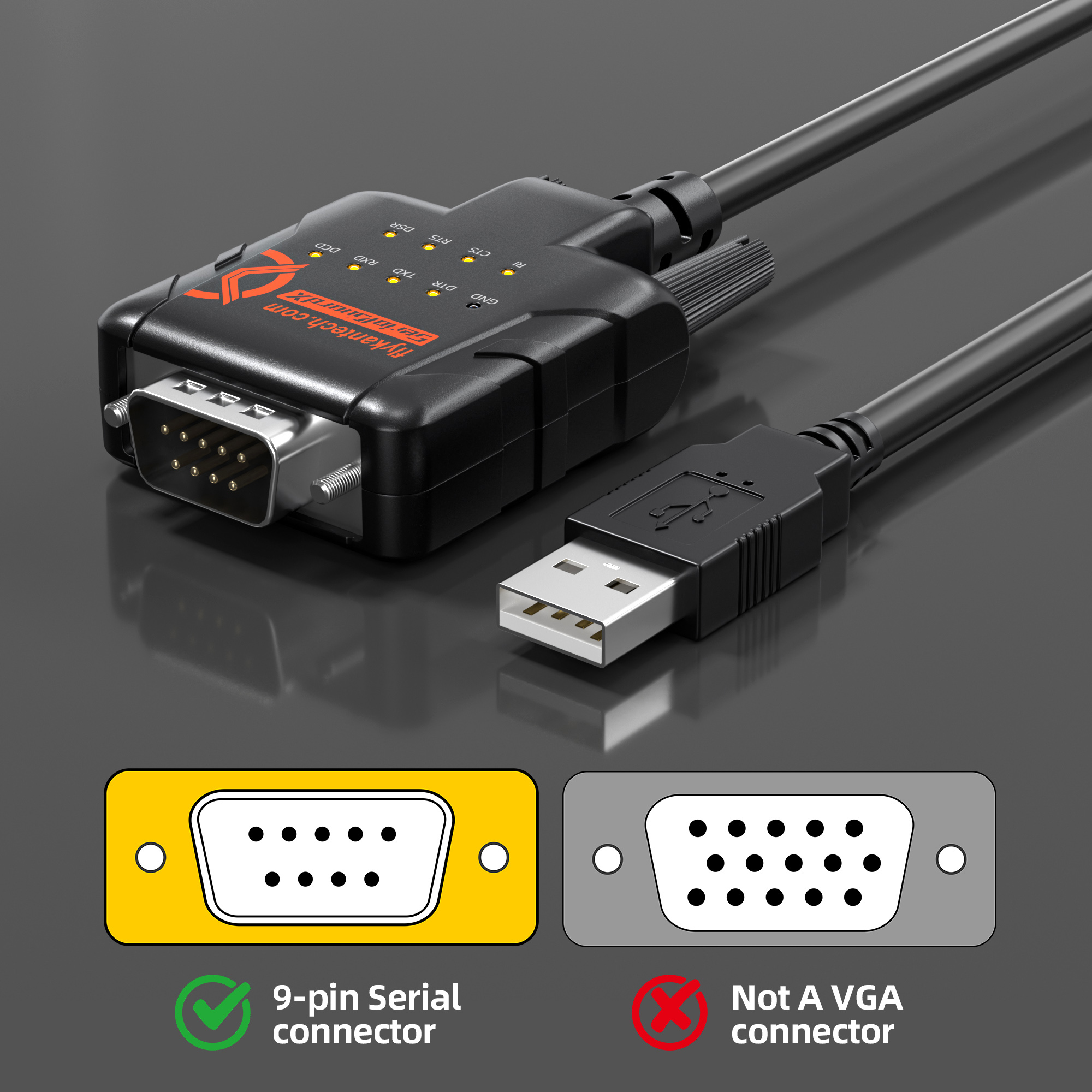 RS232-ESD9A FTDI USB to RS232 Adapter with 9 LED Monitoring and ESD Protection