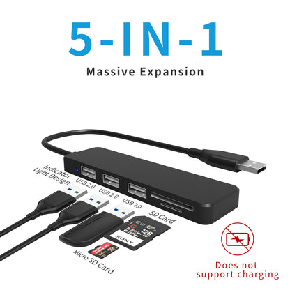 3 Port USB2.0 Hub with SD/microSD Card Reader - 3x USB-A & 1x SD + 1x microSD Slot